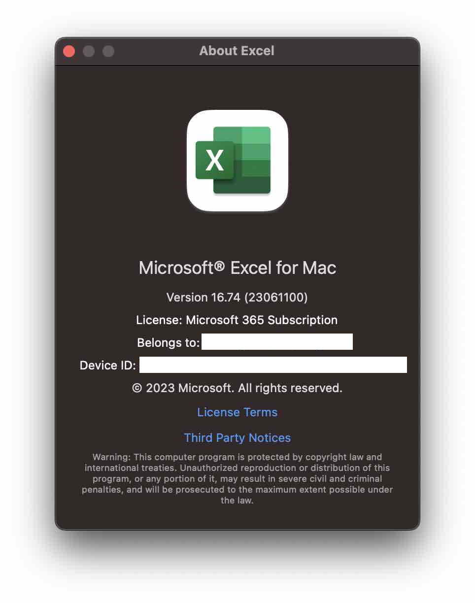 About Excel Screen on Mac